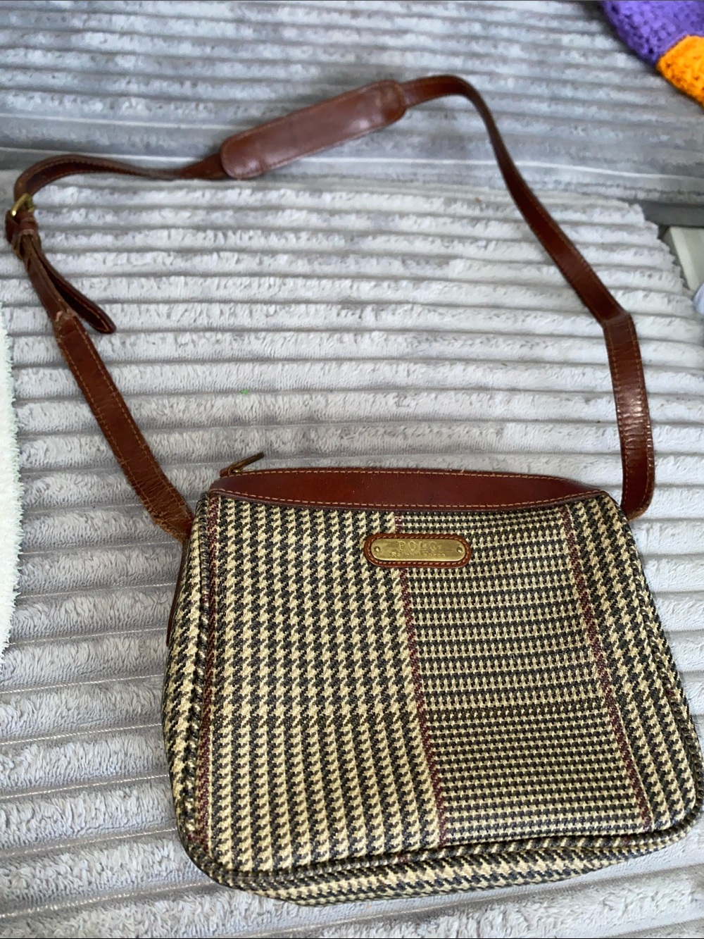 Brown Tweed Crossbody Bag with Leather Trim